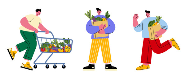 Сartoon-style illustration of people grocery shopping. Perfect for supermarket ads, eco-food campaigns, and healthy lifestyle designs. Great for web, prints, and marketing in a modern flat art style.