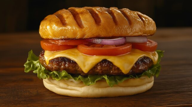 A close-up of a gourmet cheeseburger
