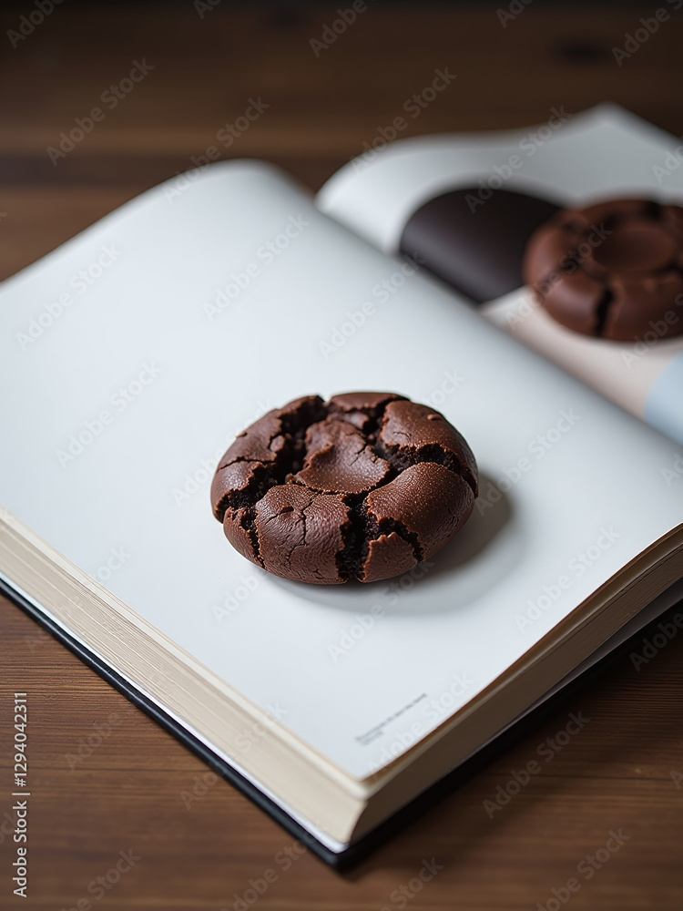 Poster A Glossy Magazine Page Showcases A Single Dark Double Chocolate Cookie Sitting Alone On A Simple Wooden Table Top.