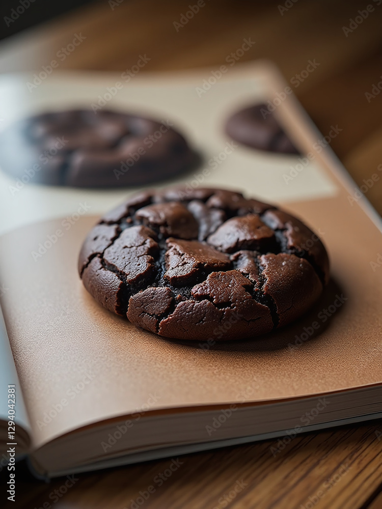 Poster A Glossy Magazine Page Showcases A Single Dark Double Chocolate Cookie Sitting Alone On A Simple Wooden Table Top.