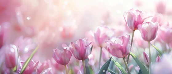 Obraz premium Spring bright natural background with soft pink tulip flowers bokeh light bright.
