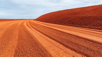 Fototapeta premium A vast, red dirt landscape features a winding road leading to a gently sloping hill under a cloudy sky.