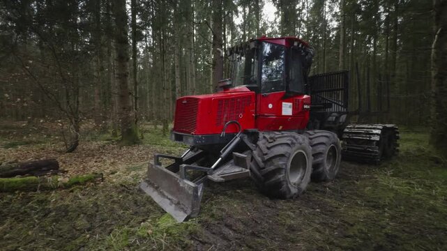 A robust red logging machine designed for timber transport in dense forests. Features heavy-duty tires, a hydraulic blade, and a secure cabin, ensuring efficient operation on rugged, muddy terrain. 
