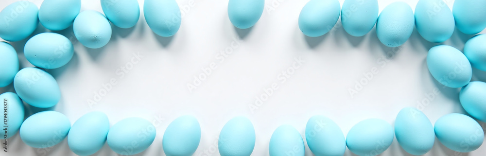 Poster a flat lay photography setup features blue easter eggs arranged in a border pattern against a white 