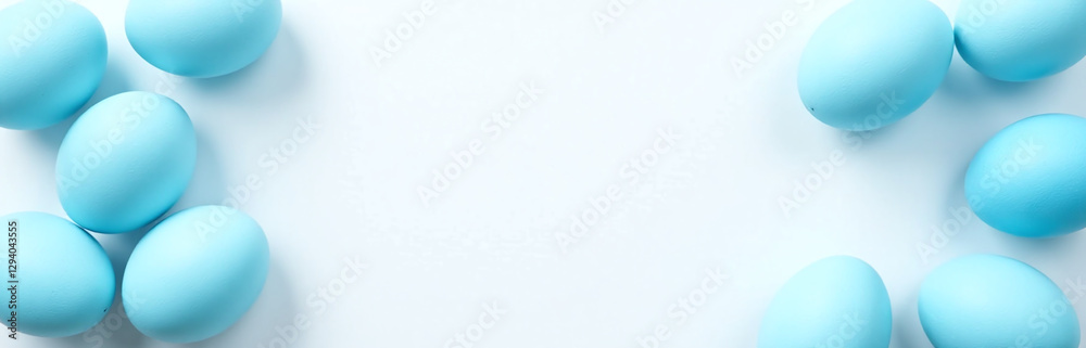 Poster a flat lay photography setup features blue easter eggs arranged in a border pattern against a white 