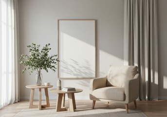 Fototapeta premium Minimalist interior with beige armchair, wood table, and empty frame