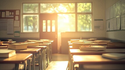 Sunlit Classroom with Open Door and Empty Desks and Books