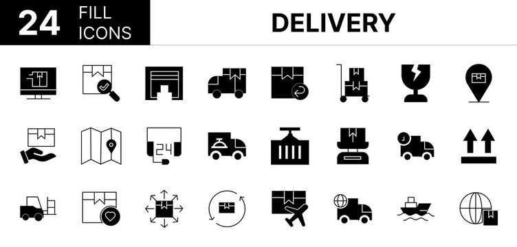 Collection of 24 Delivery fill icons featuring editable strokes. These outline icons depict various modes of Delivery, Package, Box, Parcel, Shipping, 