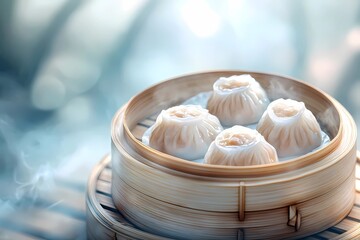 Dim sum assortment served in a traditional bamboo steamer with chopsticks, showcasing various dumplings, buns, and Asian delicacies. Illustrated in a book-style design