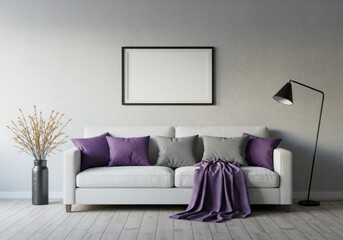 Minimalist Living Room with White Sofa, Purple Accents