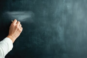capture close-up of teacher hand gracefully writing with chalk on clean blackboard in bright inviting classroom with