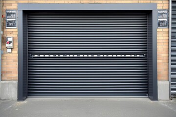 2 gray iron shutter door? of garage and industrial building warehouse exterior facade with grey concrete road, front view on closing gate nobody