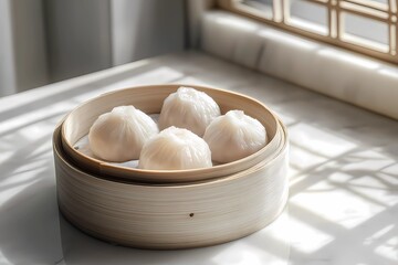 Dim sum assortment served in a traditional bamboo steamer with chopsticks, showcasing various dumplings, buns, and Asian delicacies. Illustrated in a book-style design