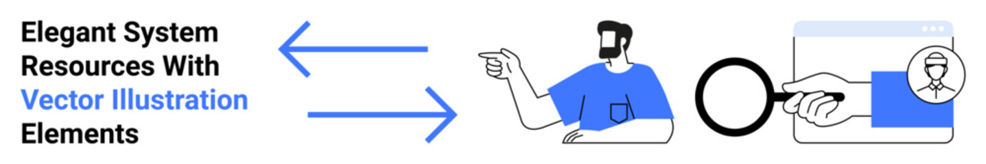 Human figure pointing, arrows indicating process flow, magnifying glass, and hourglass conveying resource management, investigation, navigation, decision-making, optimization efficiency. Ideal