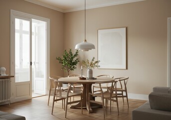 Minimalist Scandinavian Dining Room with Wooden Round Table