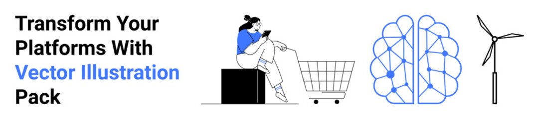 Woman using smartphone near shopping cart, abstract AI brain with connections, wind turbine. Ideal for e-commerce, AI, online shopping, green energy, innovation, technology flat landing page banner