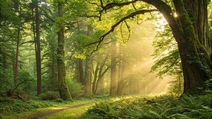 Obraz premium Sunny morning forest. Beautiful landscape. Generative AI.