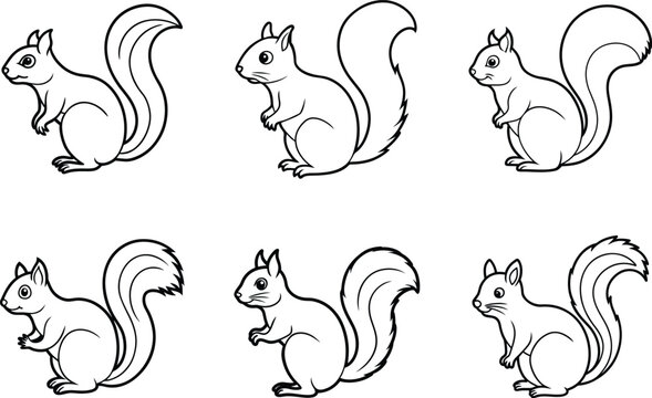 Cute Squirrel Outline Vector Set &ndash; Wildlife Forest Animal Illustrations