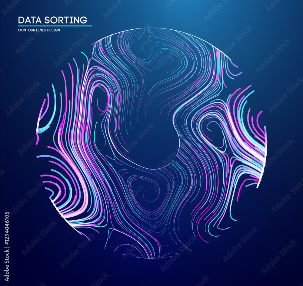 Poster futuristic data sorting visualization with abstract neon wave patterns in a circular design, represe