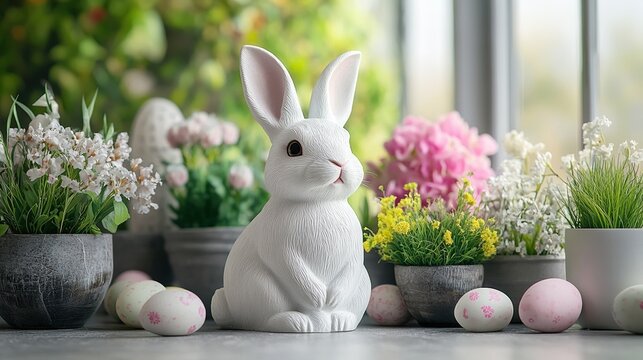 Easter home decoration concept, with potted flowers blooming and cute rabbit statues embellishing, enhancing the spring atmosphere. Easter holiday decoration, floral arrangement, rabbit figurine