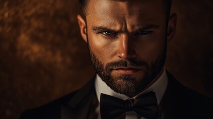 Dramatic Portrait of a Confident Man in a Tuxedo Against a Warm Golden Background