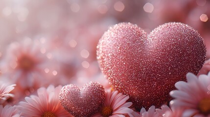 Fototapeta premium Romantic pink hearts in flowers, soft light, beautiful background, perfect for love greeting cards