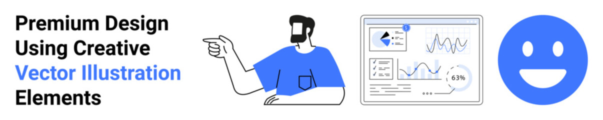 Person in blue shirt pointing at analytics dashboard, smiling face icon representing positive outcomes and creativity. Ideal for business, design, branding, strategy, marketing, analytics, flat