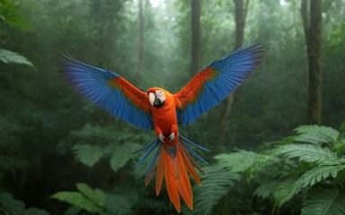 Obraz premium A macaw spreading its vibrant wings amidst the lush rainforest trees