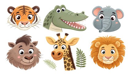 Naklejka premium Playful wild animal characters in a flat, colorful children's design. 