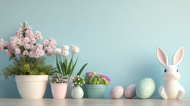 Easter home decoration concept, with potted flowers blooming and cute rabbit statues embellishing, enhancing the spring atmosphere. Easter holiday decoration, floral arrangement, rabbit figurine