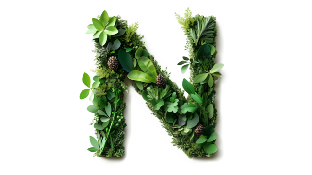 Font letter N formed by green leaves plant nature elements cutout isolated on transparent background, PNG