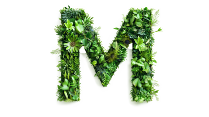 Font letter M formed by green moss fern leaves plant nature elements cutout isolated on transparent background, PNG