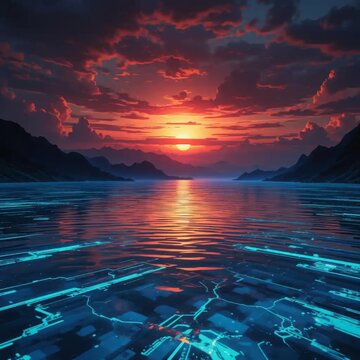 A cybernetic lagoon at sunset glitching into digital oblivion