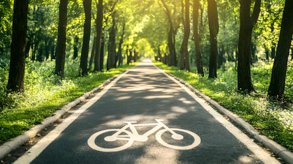 A scenic bicycle path surrounded by green trees promoting sustainable travel and eco-conscious transportation detailed view