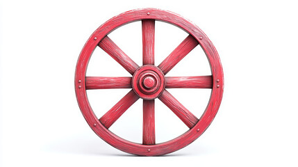 Red wagon wheel with vintage design on white background. Classic old-fashioned carriage wheel vector illustration.