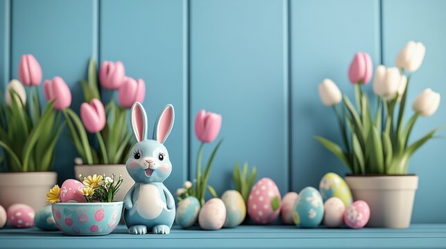 Easter home decoration concept, with potted flowers blooming and cute rabbit statues embellishing, enhancing the spring atmosphere. Easter holiday decoration, floral arrangement, rabbit figurine