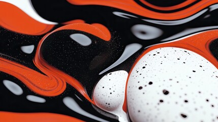 A vibrant abstract composition featuring swirling patterns of red, black, and white paint with speckled details.