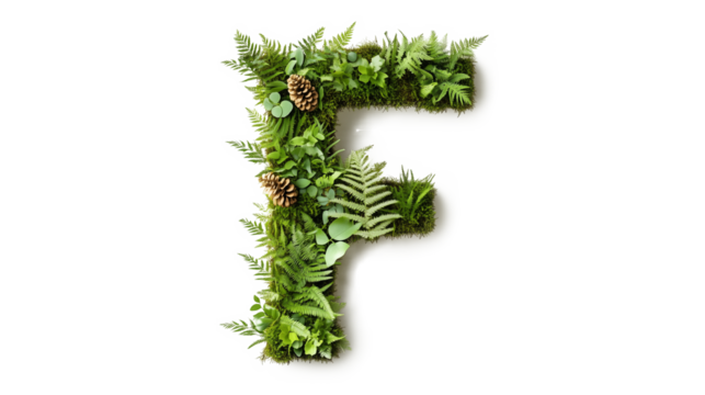 Font letter F formed by green leaves plant nature elements cutout isolated on transparent background, PNG