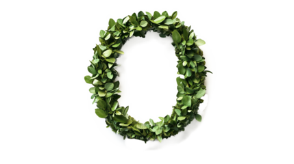 Font letter O formed by green leaves plant nature elements cut out isolated on transparent background, PNG