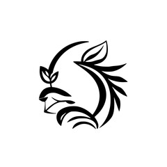 Abstract Floral Lion Silhouette: Black ink design depicting a lion's head profile, minimalism, natural, graphic art.