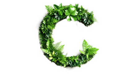 Font letter C formed by green leaves plant nature elements cutout isolated on transparent background, PNG