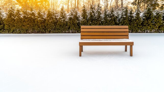 Snow-covered landscape features solitary wooden bench illuminate
