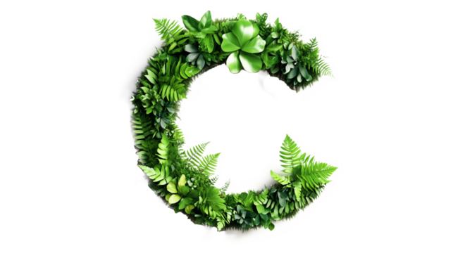 Font letter C formed by green leaves plant nature elements cutout isolated on transparent background, PNG