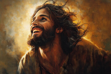 A heartwarming close-up portrait of smiling Jesus Christ,  illuminated by a golden divine light symbolizing love and kindness.  