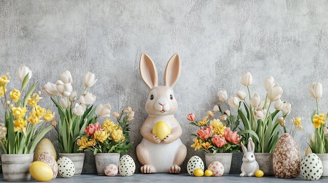 Easter home decoration concept, with potted flowers blooming and cute rabbit statues embellishing, enhancing the spring atmosphere. Easter holiday decoration, floral arrangement, rabbit figurine