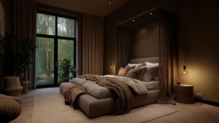 Fototapeta premium A bedroom with a large bed and a window. The curtains are drawn, and the room is dimly lit
