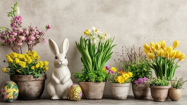 Easter home decoration concept, with potted flowers blooming and cute rabbit statues embellishing, enhancing the spring atmosphere. Easter holiday decoration, floral arrangement, rabbit figurine