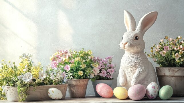Easter home decoration concept, with potted flowers blooming and cute rabbit statues embellishing, enhancing the spring atmosphere. Easter holiday decoration, floral arrangement, rabbit figurine