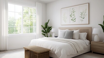 Fototapeta premium A bedroom with a white bed, a white dresser, and a white nightstand. The bed is covered with a white comforter and pillows. There is a potted plant on the nightstand and a lamp on the nightstand
