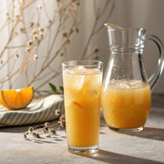 Fototapeta premium refreshing glass of orange juice with ice sits on table, accompanied by pitcher and slice of orange, creating vibrant and inviting scene